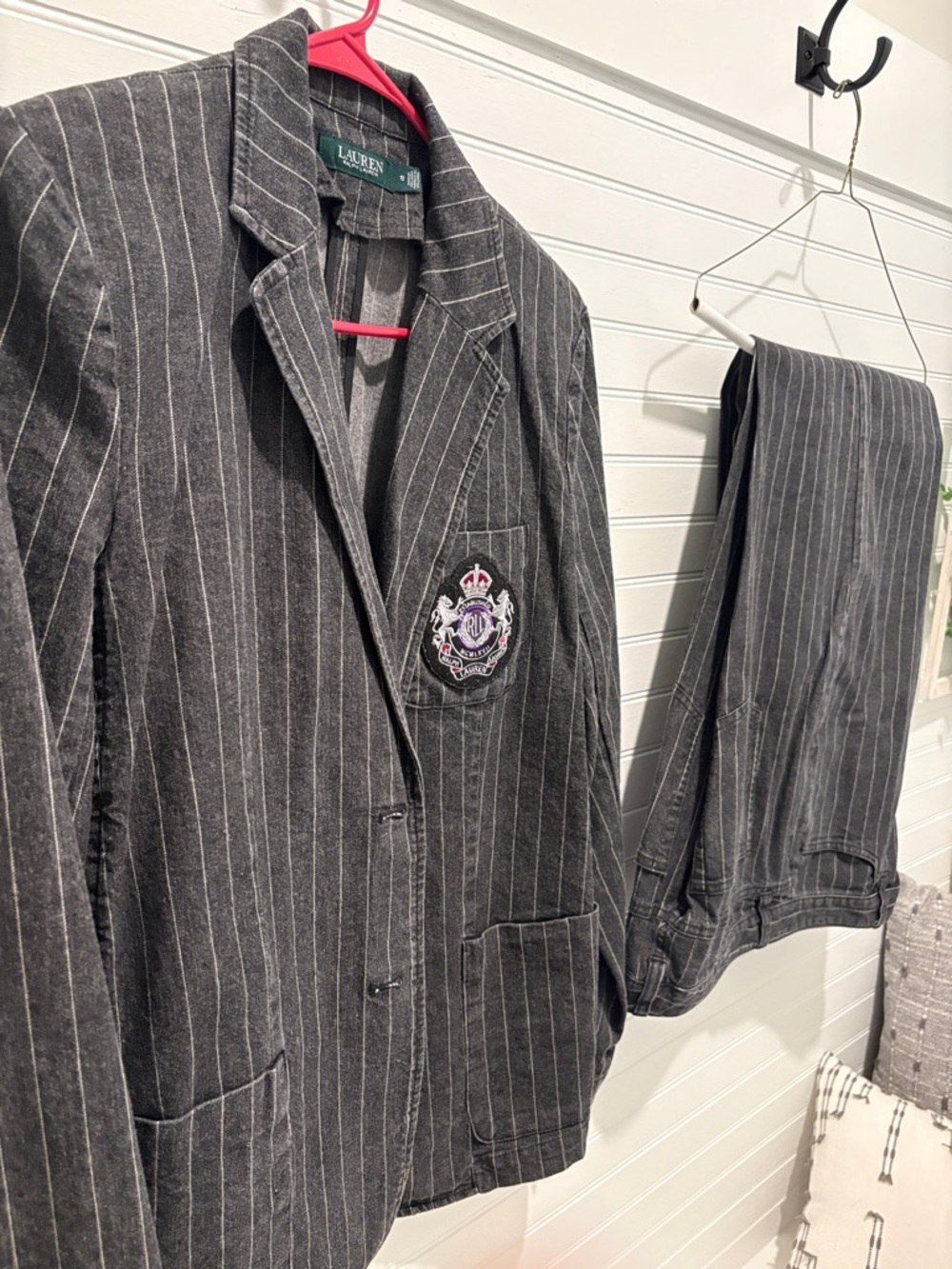 Lauren Ralph Lauren Charcoal Gray Pinstripe Blazer with Crest Set 10 & 14